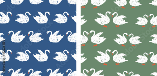 Seamless patterns of drawn white swans silhouettes, vector backgrounds, paper, fabric