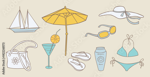 Set of outlines beach holiday symbols, sunglasses, hat, sailboat, sunscreen, cocktail, beach bag, umbrella, flip flops, swimsuit, vector illustration