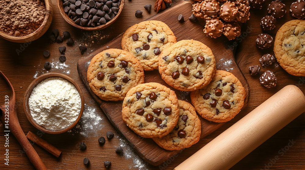 Overhead shot of a wooden surface with a variety of freshly baked cookies: chocolate chip, oatmeal raisin, and sugar cookies, surrounded by a rolling pin, flour, and a bowl of chocolate chips