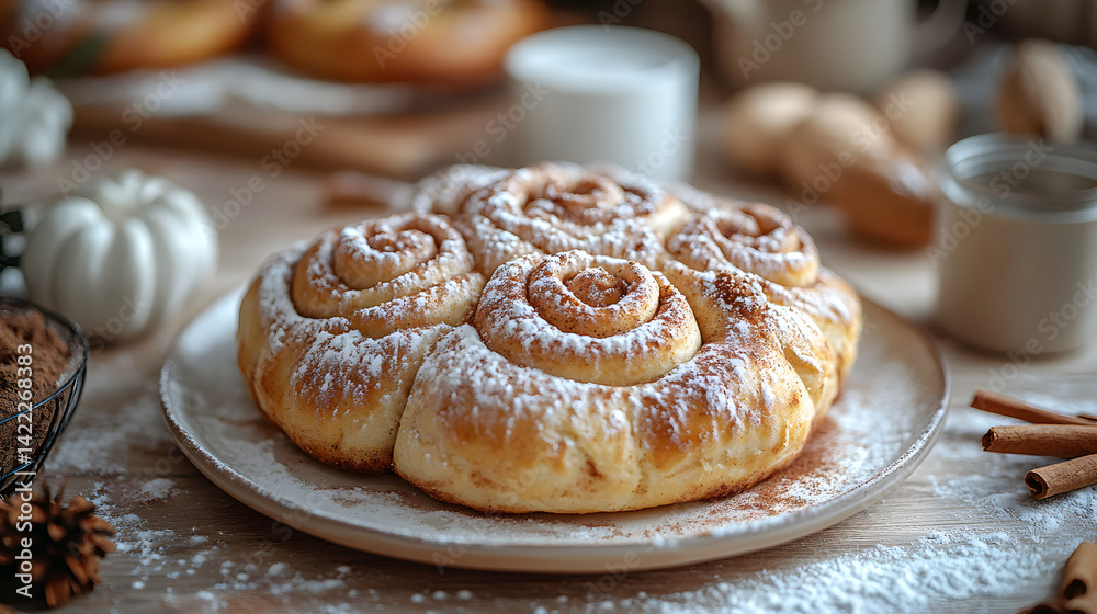 Overhead shot of freshly baked cinnamon rolls on a plate, drizzled with icing and sprinkled with cinnamon, surrounded by a cozy kitchen atmosphere with flour-dusted surfaces