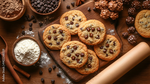 Obraz na płótnie Overhead shot of a wooden surface with a variety of freshly baked cookies: chocolate chip, oatmeal raisin, and sugar cookies, surrounded by a rolling pin, flour, and a bowl of chocolate chips w salonie