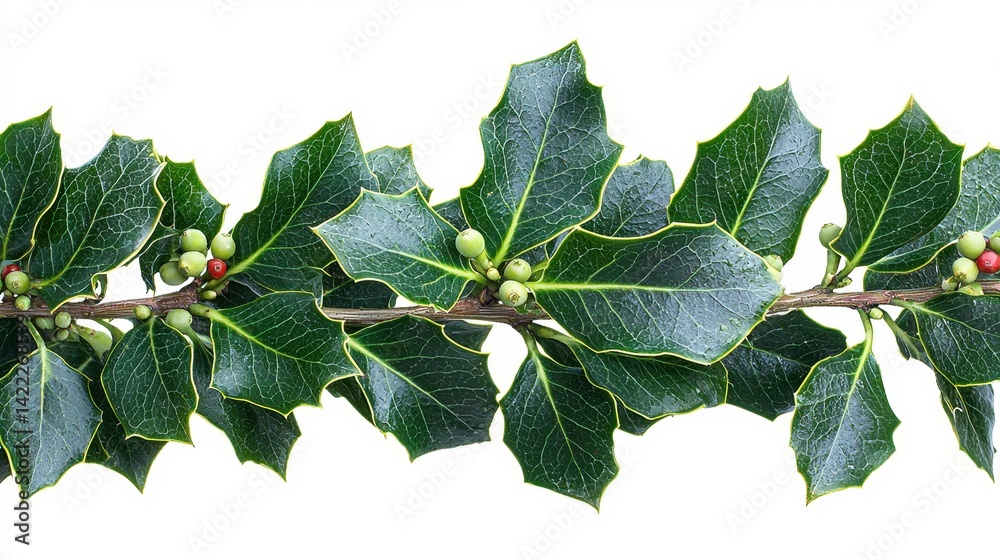 Holly branch with vibrant green leaves and red berries against a white background Holly branch with vibrant green leaves and red berries against a white background
