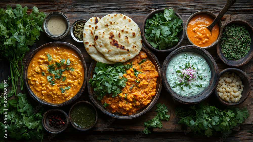 Overhead shot of a traditional Indian thali, featuring curries, naan bread, dal, and raita, surrounded by fresh herbs and spices on a rustic wooden table, with warm, golden lighting