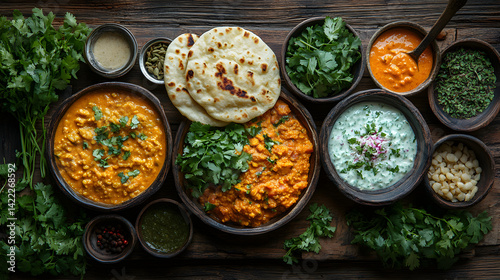 Obraz na płótnie Overhead shot of a traditional Indian thali, featuring curries, naan bread, dal, and raita, surrounded by fresh herbs and spices on a rustic wooden table, with warm, golden lighting w salonie