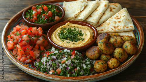 Overhead shot of a Mediterranean mezze platter with hummus, falafel, tabbouleh, baba ghanoush, and pita bread, served on a colorful ceramic plate, garnished with fresh parsley