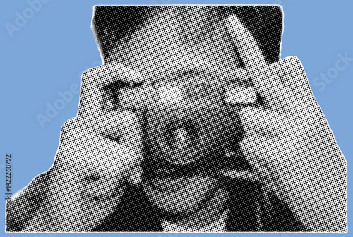 Close up of young photographer face covered with retro rangefinder camera pixelate grayscale color halftone dotted texture style collage element isolated on blue background