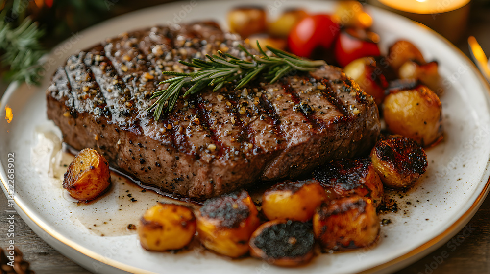 Overhead shot of a beautifully plated wagyu beef steak with roasted vegetables, truffle oil drizzle