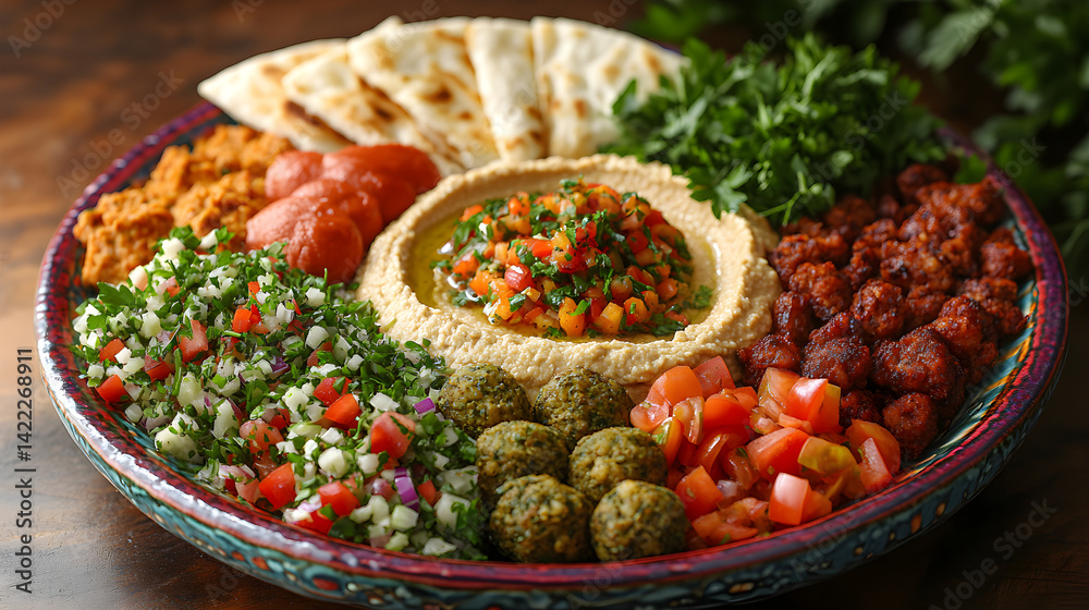 Overhead shot of a Mediterranean mezze platter with hummus, falafel, tabbouleh, baba ghanoush, and pita bread, served on a colorful ceramic plate, garnished with fresh parsley