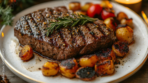 Obraz na płótnie Overhead shot of a beautifully plated wagyu beef steak with roasted vegetables, truffle oil drizzle w salonie