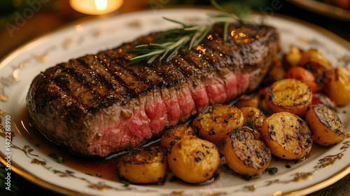 Overhead shot of a beautifully plated wagyu beef steak with roasted vegetables