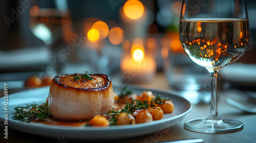 Obraz na płótnie Wide shot of a fine dining table set for two, featuring an array of gourmet dishes: foie gras, lobster bisque, and a fine wine glass, with soft ambient lighting and a polished wood dining table w salonie