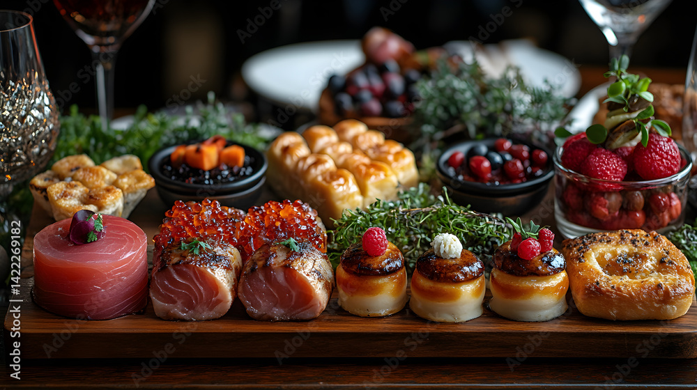 Overhead view of a tasting menu with an assortment of small, beautifully plated dishes: tuna tartare, foie gras mousse, and miniature desserts, served on a fine dining table with crystal glassware