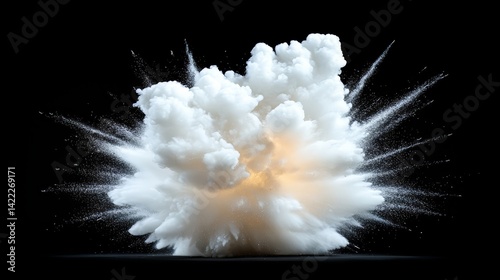 White cloud of smoke is exploding in the air. The explosion is so powerful that it is creating a huge cloud of white smoke. The scene is dramatic and intense
