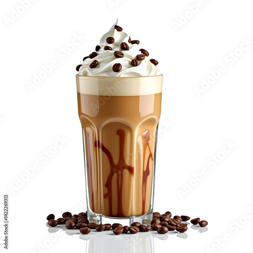 A delicious iced coffee drink topped with whipped cream and sprinkled with cinnamon and coffee been