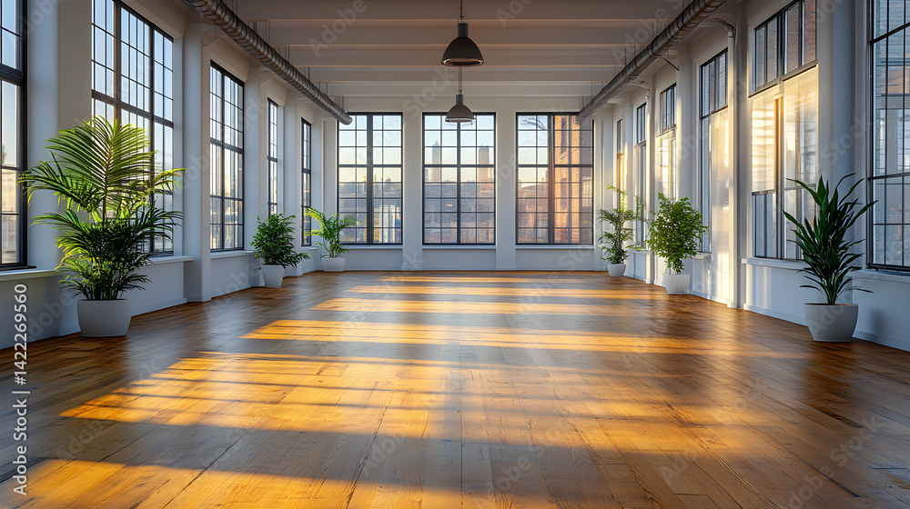 Fototapeta premium Empty office space with ‘For Rent’ sign, symbolizing commercial real estate opportunities