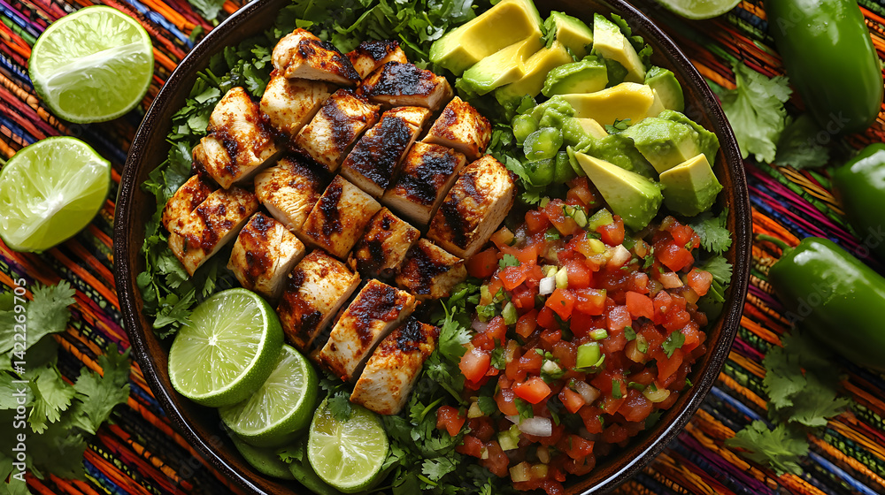 Overhead shot of a vibrant taco platter with soft tortillas filled with grilled chicken, avocado, salsa, and cilantro, surrounded by lime wedges and jalapeños, served on a colorful woven mat