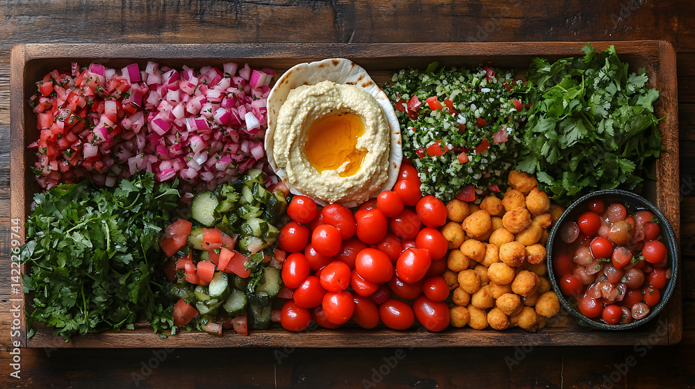 Overhead view of a traditional street food dish of falafel balls, hummus, and tabbouleh, served in a pita wrap with a side of pickled vegetables, set on a wooden table with fresh herbs