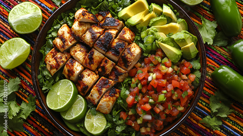 Obraz na płótnie Overhead shot of a vibrant taco platter with soft tortillas filled with grilled chicken, avocado, salsa, and cilantro, surrounded by lime wedges and jalapeños, served on a colorful woven mat w salonie