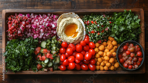 Obraz na płótnie Overhead view of a traditional street food dish of falafel balls, hummus, and tabbouleh, served in a pita wrap with a side of pickled vegetables, set on a wooden table with fresh herbs w salonie