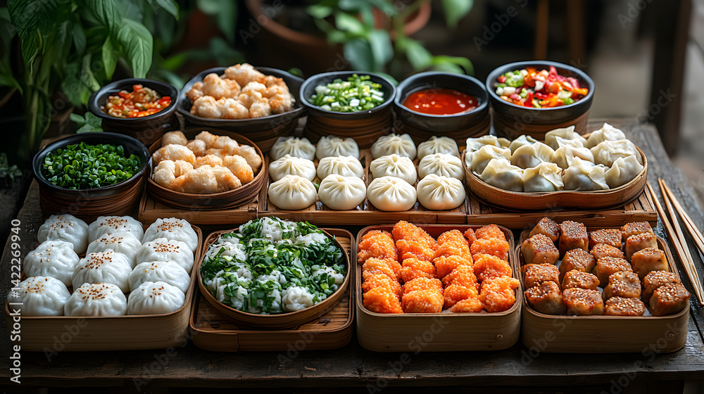 Overhead shot of a vibrant street food stall offering a selection of dumplings, bao buns, and spring rolls, arranged on bamboo trays with chopsticks and dipping sauces on the side