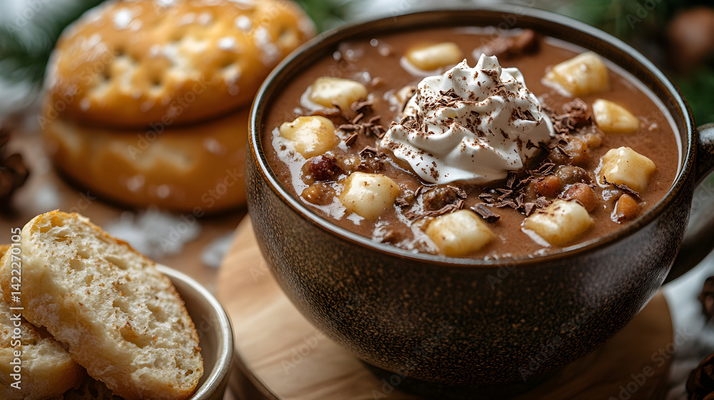 Overhead view of a cozy winter meal with a bowl of hearty stew, crusty bread, and a mug of hot cocoa topped with whipped cream and chocolate shavings, set against a snowy background