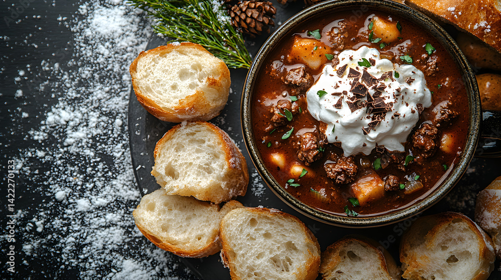 Overhead view of a cozy winter meal with a bowl of hearty stew, crusty bread, and a mug of hot cocoa topped with whipped cream and chocolate shavings, set against a snowy background