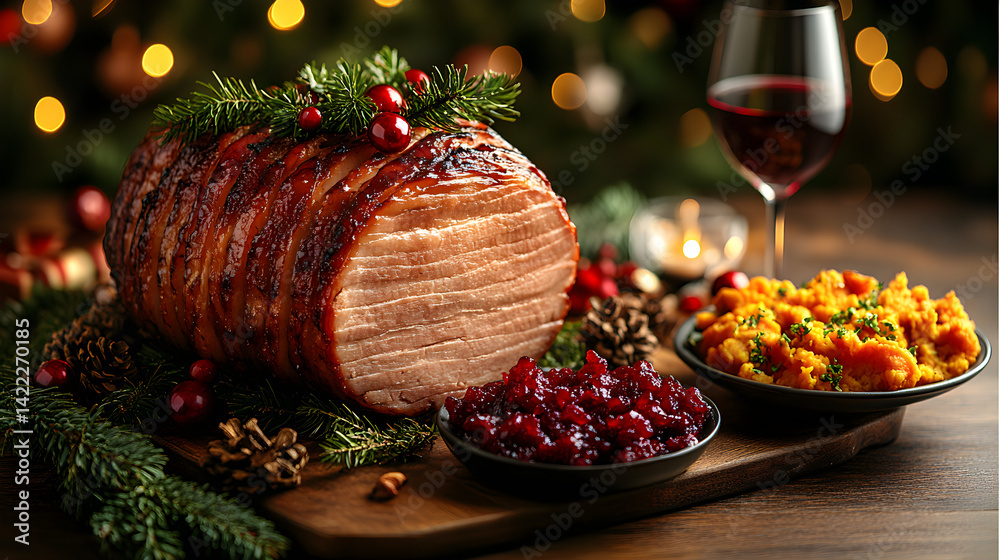 Wide shot of a Christmas dinner table adorned with a roasted ham, mashed sweet potatoes, and festive cranberry relish, with a glass of red wine and holly decorations in the background