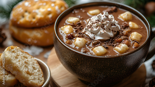 Obraz na płótnie Overhead view of a cozy winter meal with a bowl of hearty stew, crusty bread, and a mug of hot cocoa topped with whipped cream and chocolate shavings, set against a snowy background w salonie