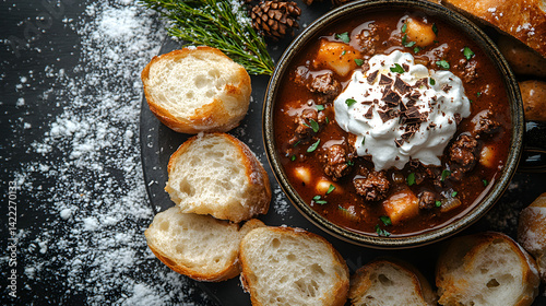 Obraz na płótnie Overhead view of a cozy winter meal with a bowl of hearty stew, crusty bread, and a mug of hot cocoa topped with whipped cream and chocolate shavings, set against a snowy background w salonie