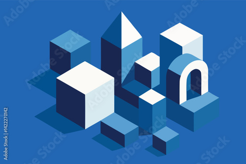 3D abstract cube design with blue cubes and blue sky