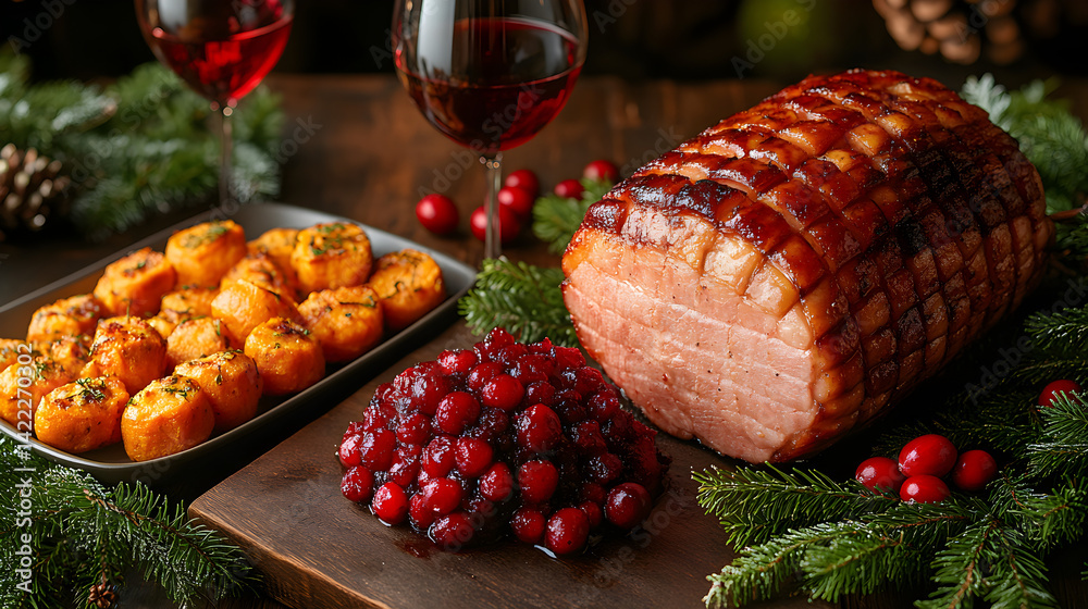 Wide shot of a Christmas dinner table adorned with a roasted ham, mashed sweet potatoes, and festive cranberry relish, with a glass of red wine and holly decorations in the background