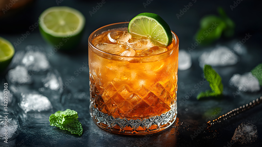 Overhead shot of a classic cocktail with a slice of lime, served in a crystal tumbler, surrounded by crushed ice, mint leaves, and a decorative cocktail stirrer, set against a dark background