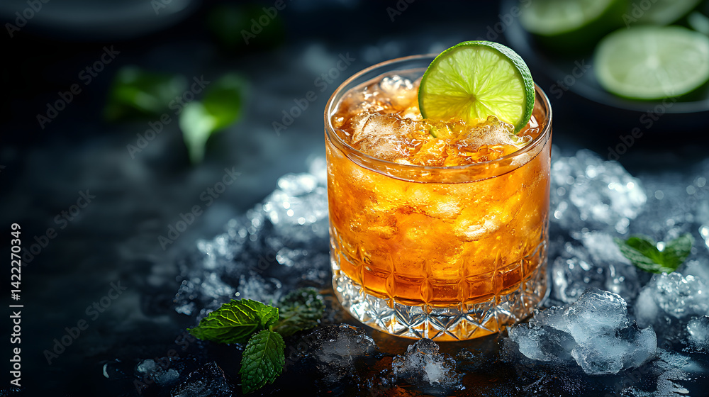 Overhead shot of a classic cocktail with a slice of lime, served in a crystal tumbler, surrounded by crushed ice, mint leaves, and a decorative cocktail stirrer, set against a dark background