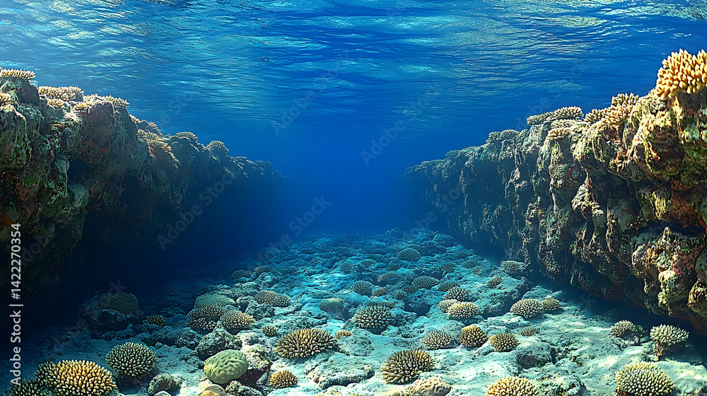 Fototapeta premium Underwater scene featuring vibrant coral reefs and sandy seabed under the oceans surface with sunlight filtering throug