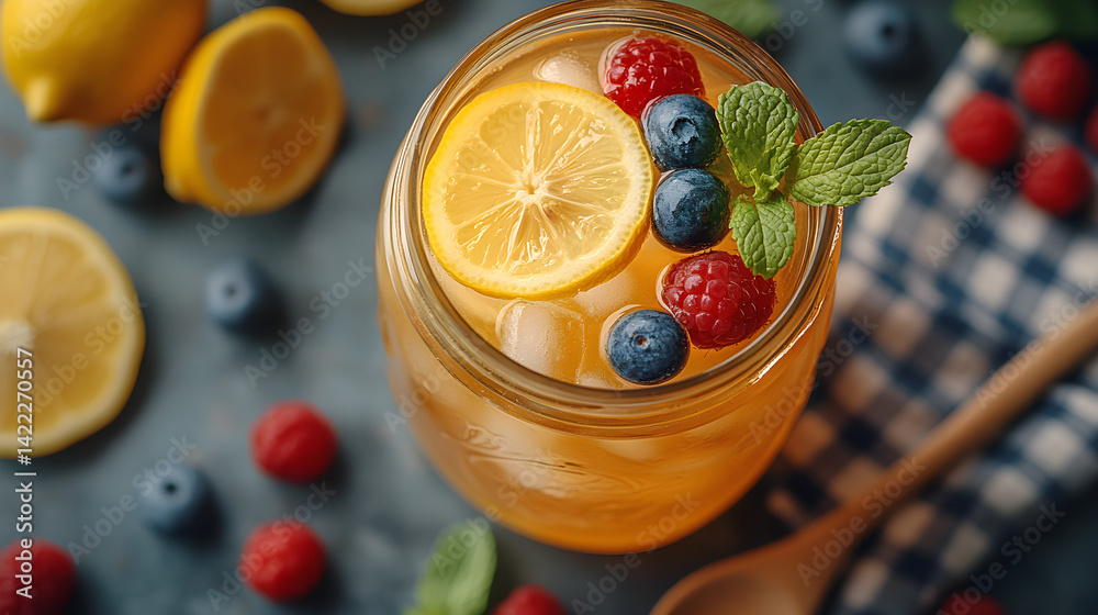 Overhead shot of a refreshing lemonade served in a mason jar with lemon slices, mint, and ice cubes, placed on a checkered cloth, surrounded by fresh fruit and a wooden spoon