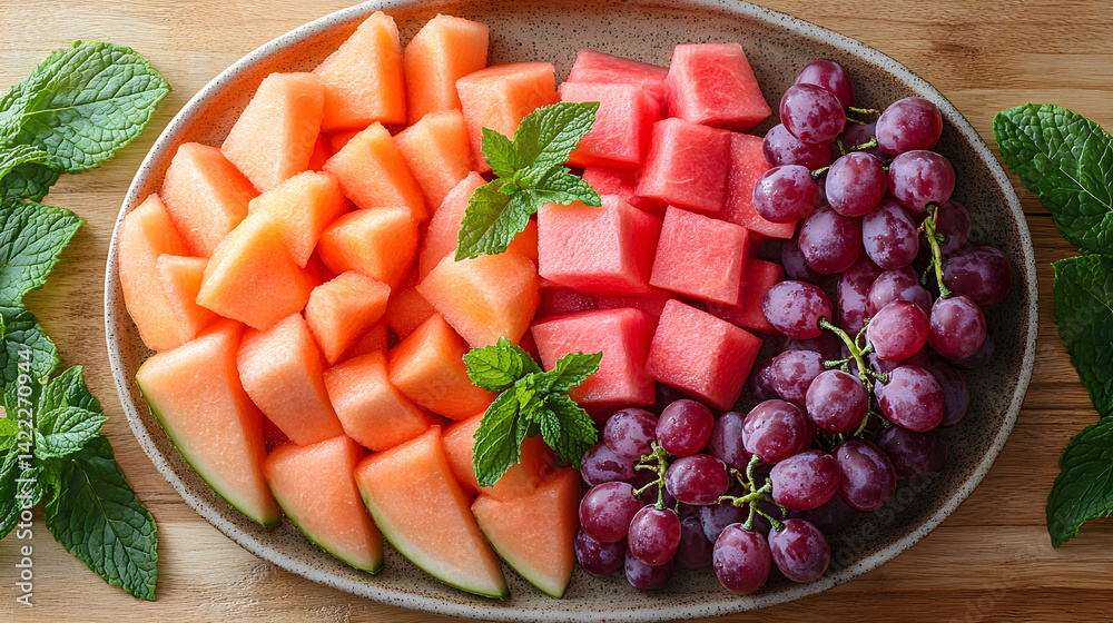 Overhead view of a clean flatlay with sliced watermelon, cantaloupe, and grapes arranged neatly on a light wood surface, with a few fresh mint leaves scattered around for contrast