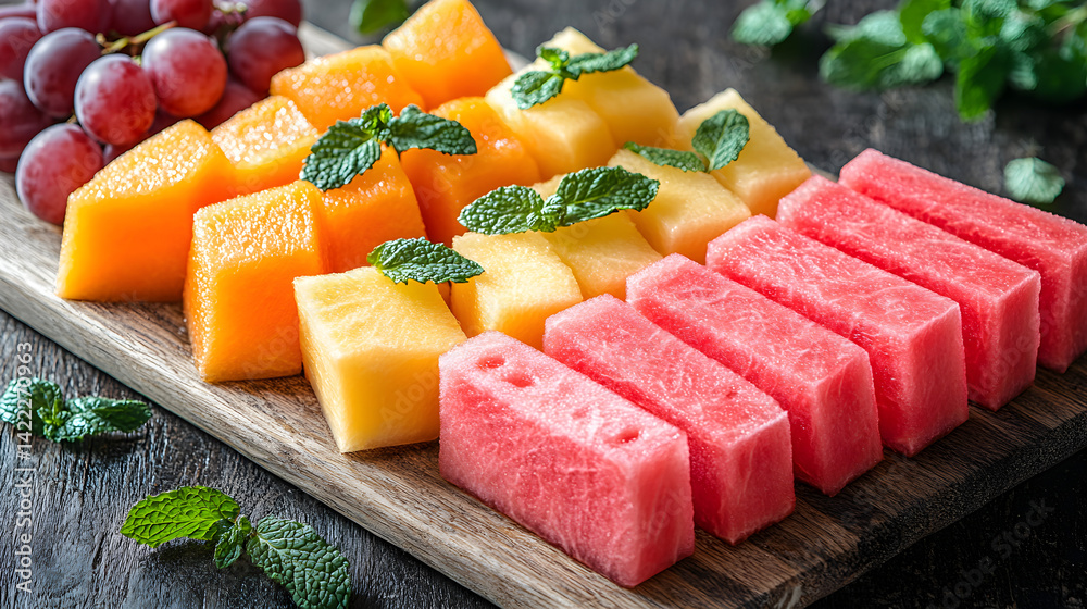 Overhead view of a clean flatlay with sliced watermelon, cantaloupe, and grapes arranged neatly on a light wood surface, with a few fresh mint leaves scattered around for contrast