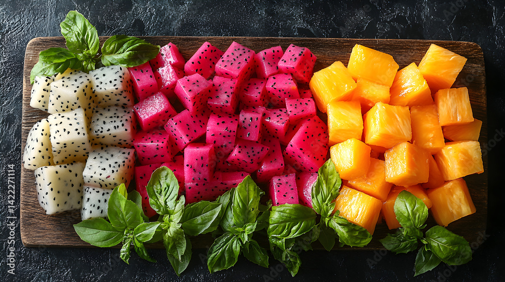 Overhead shot of a fresh fruit flatlay: sliced dragon fruit, papaya, and pineapple chunks arranged on a rustic wooden board, with a few decorative leaves adding texture to the scene