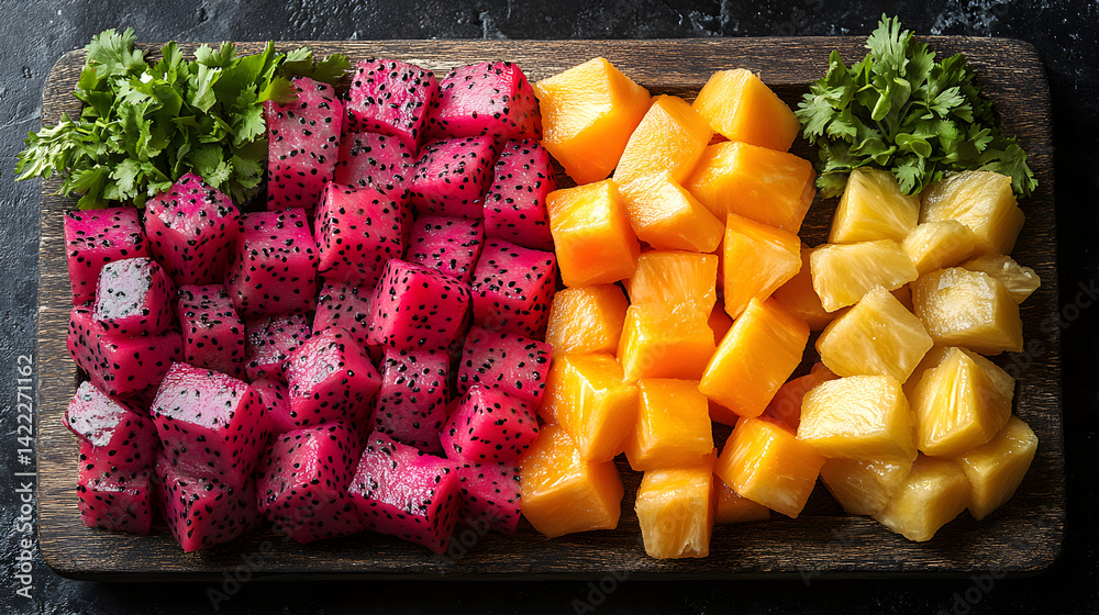 Overhead shot of a fresh fruit flatlay: sliced dragon fruit, papaya, and pineapple chunks arranged on a rustic wooden board, with a few decorative leaves adding texture to the scene