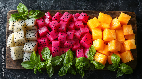 Obraz na płótnie Overhead shot of a fresh fruit flatlay: sliced dragon fruit, papaya, and pineapple chunks arranged on a rustic wooden board, with a few decorative leaves adding texture to the scene w salonie