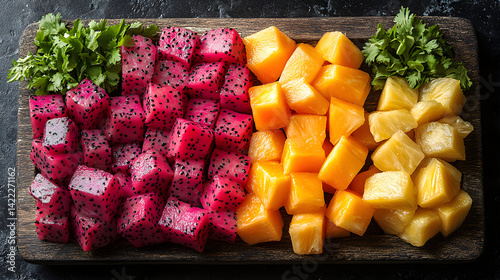 Overhead shot of a fresh fruit flatlay: sliced dragon fruit, papaya, and pineapple chunks arranged on a rustic wooden board, with a few decorative leaves adding texture to the scene