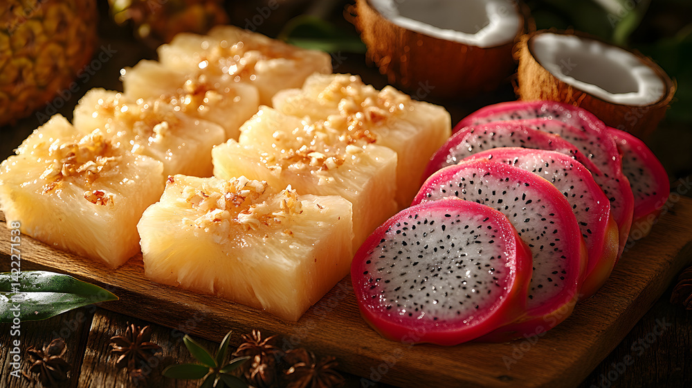 Overhead view of exotic tropical fruits: sliced pineapple, dragon fruit, and coconut pieces, placed on a wooden board with a few decorative tropical leaves, under soft golden lighting