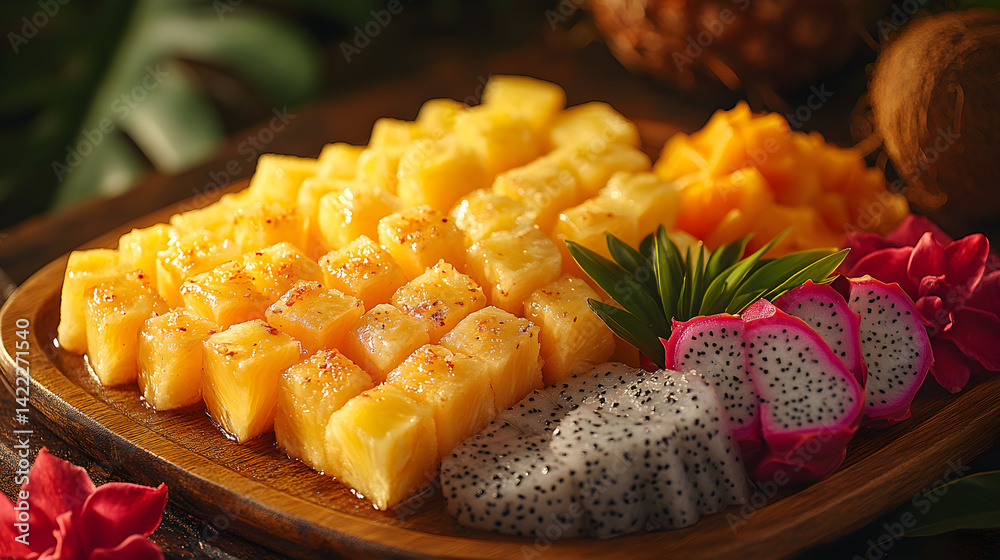 Overhead view of exotic tropical fruits: sliced pineapple, dragon fruit, and coconut pieces, placed on a wooden board with a few decorative tropical leaves, under soft golden lighting