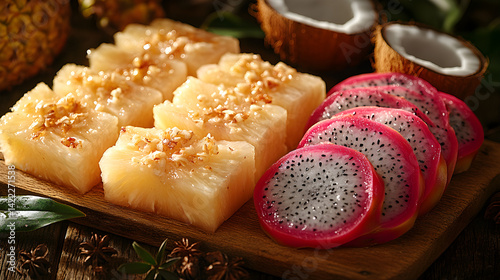 Obraz na płótnie Overhead view of exotic tropical fruits: sliced pineapple, dragon fruit, and coconut pieces, placed on a wooden board with a few decorative tropical leaves, under soft golden lighting w salonie