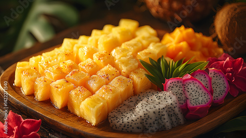 Obraz na płótnie Overhead view of exotic tropical fruits: sliced pineapple, dragon fruit, and coconut pieces, placed on a wooden board with a few decorative tropical leaves, under soft golden lighting w salonie