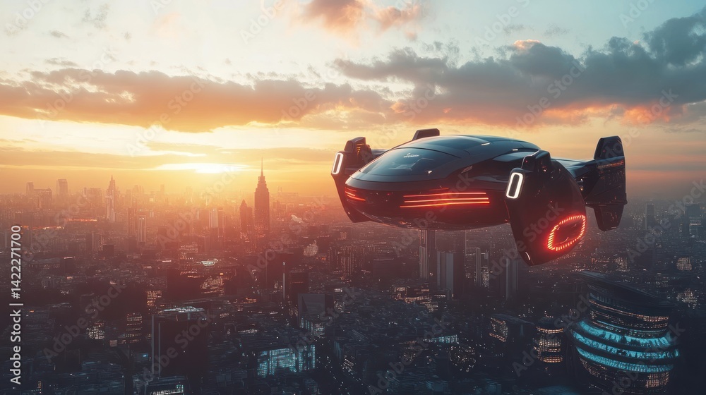 Futuristic personal air vehicle soars over a city skyline at sunset. Futuristic personal air vehicle soars over a city skyline at sunset.