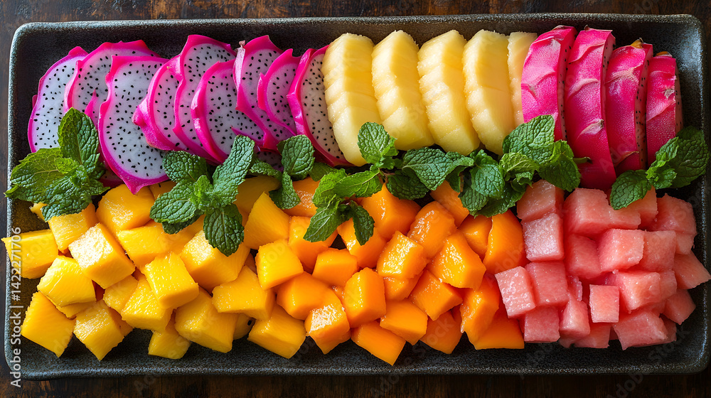 Overhead shot of vibrant tropical fruit arranged on a rustic wooden table: sliced dragon fruit, mango, and bright orange papaya, with a few mint leaves for extra freshness