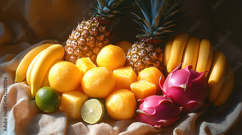 Overhead view of a tropical fruit arrangement: whole pineapples, fresh bananas, dragon fruit, and lime wedges, set on a textured linen cloth with soft natural light filtering through