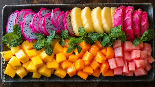 Obraz na płótnie Overhead shot of vibrant tropical fruit arranged on a rustic wooden table: sliced dragon fruit, mango, and bright orange papaya, with a few mint leaves for extra freshness w salonie