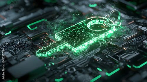 A glowing green digital key on a circuit board represents secure access. Use this image for presentations discussing cybersecurity or data protection.